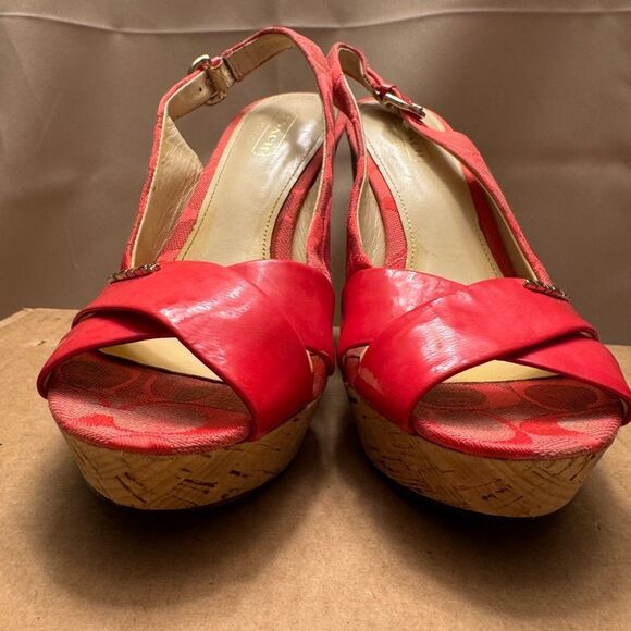 Coach Coral Orange Peep Toe Slingback Wedge Sandals 6.5 Cork Patent leather Logo - Picture 3 of 14